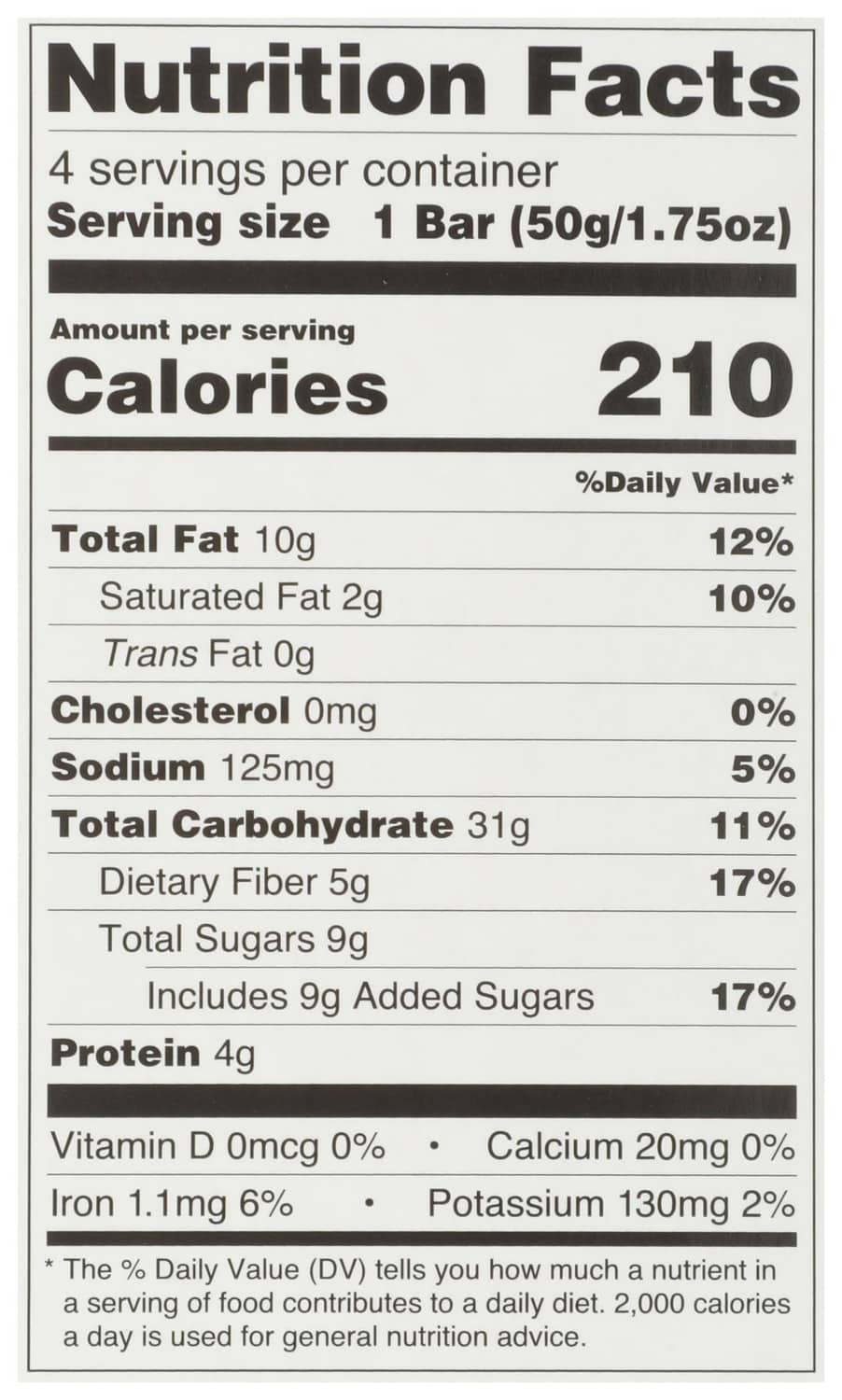 Dave's Killer Bread snack bar nutrition facts panel, 1 bar serving, 210 calories