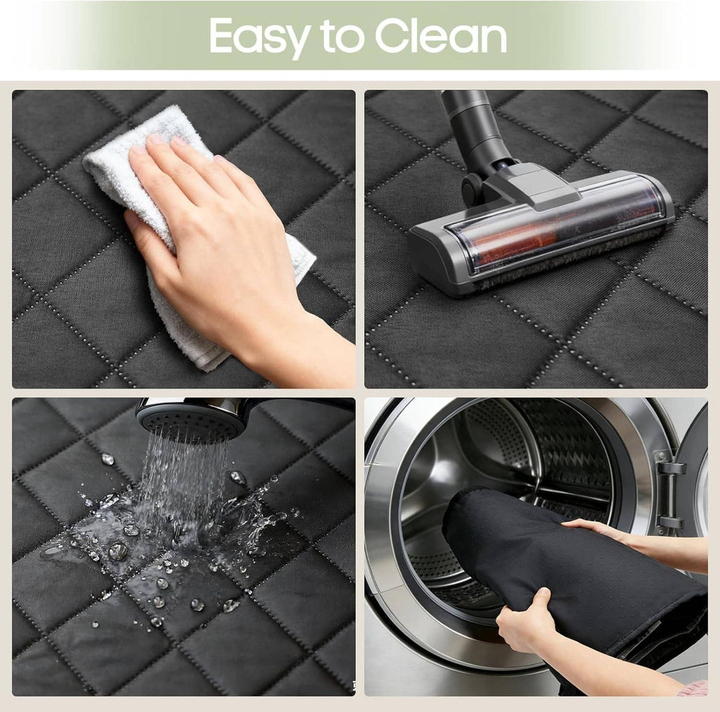 Black quilted dog seat cover with easy-clean waterproof surface and hand wipe
