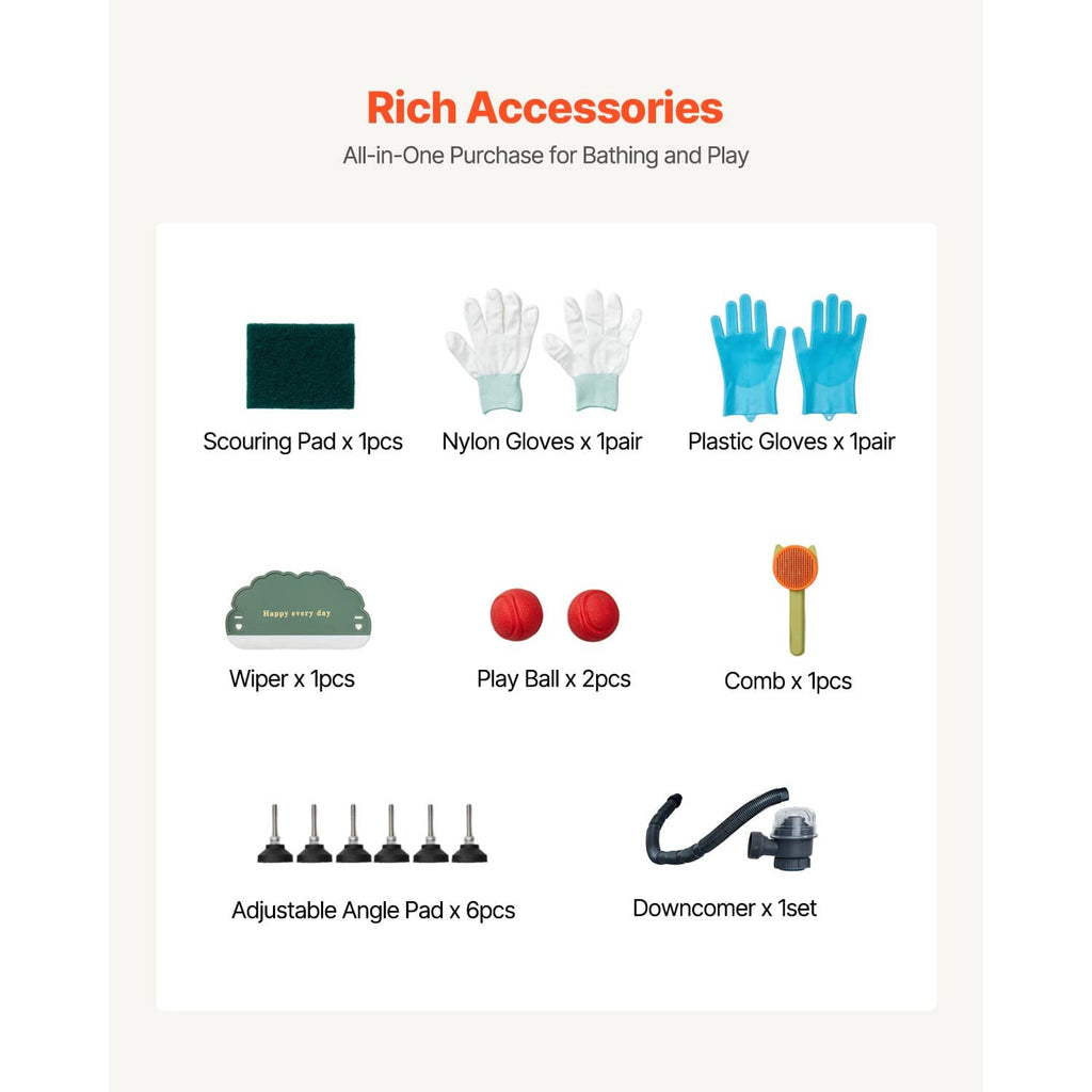 Pet grooming accessories set for stainless steel tub, including gloves and tools