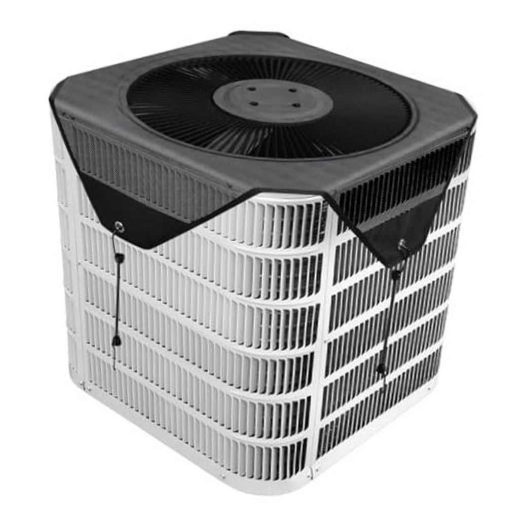 Outdoor AC unit cover, dark top and white vented sides with fastening straps