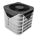 Outdoor AC unit cover, dark top and white vented sides with fastening straps