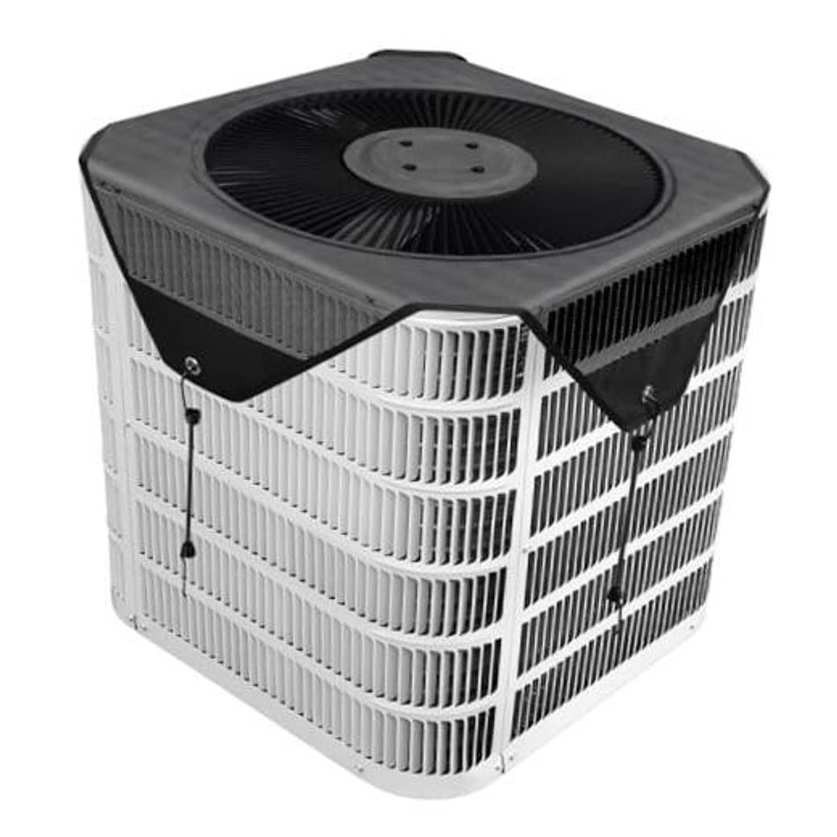 Outdoor AC unit cover, dark top and white vented sides with fastening straps