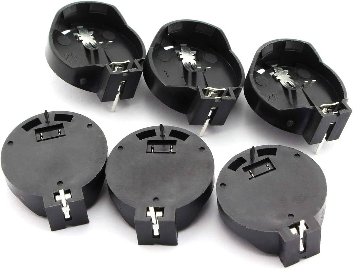 CR2032 2-pin DIP coin cell battery holders, black plastic, quantity 10