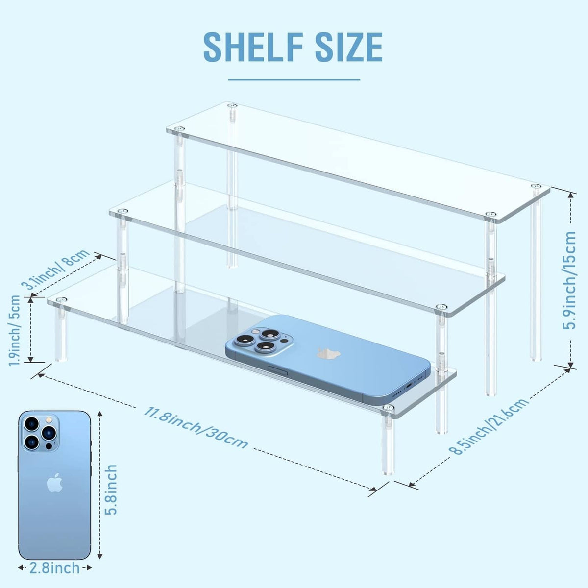 Clear 3-tier acrylic display stand with side posts and phone-sized storage shelf