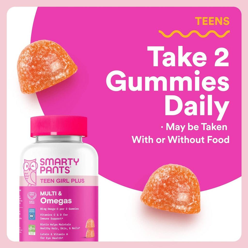 Teen girl gummy supplement bottle with daily-use graphic and two orange heart gummies