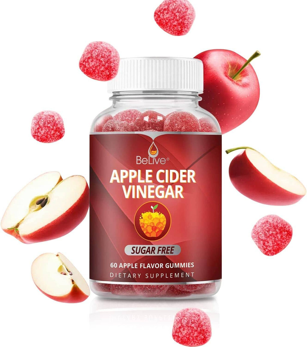 Sugar-free apple cider vinegar gummy jar with red gummies and apple slices