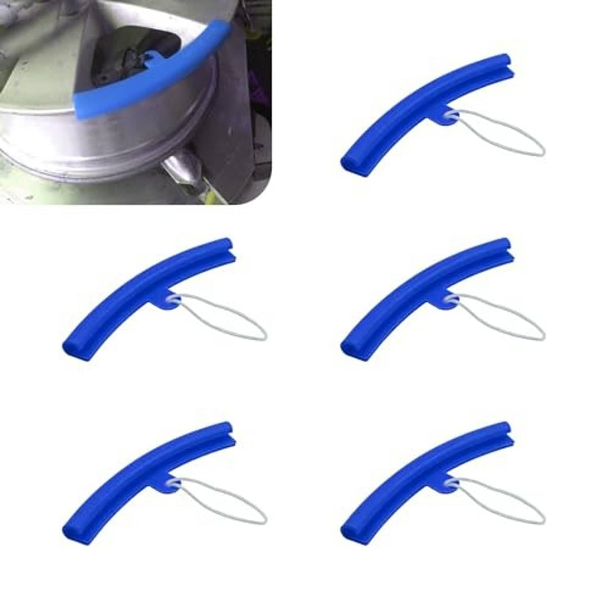 Blue wheel rim savers, multiple curved guards with white pull ropes