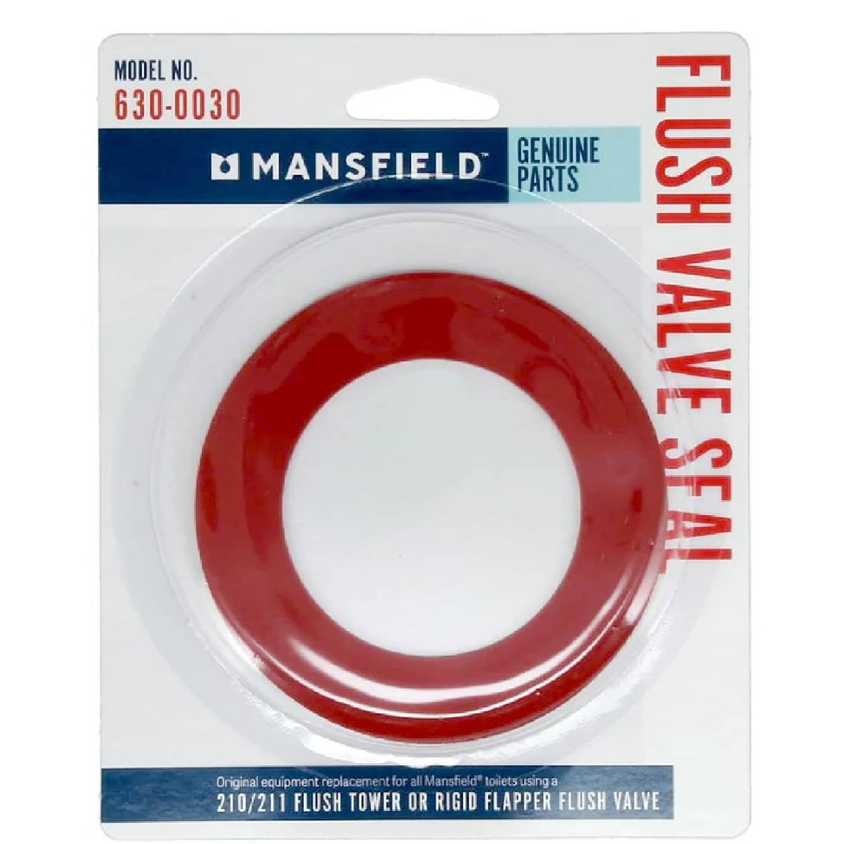 Round red flush valve seal gasket with white center hole on retail card