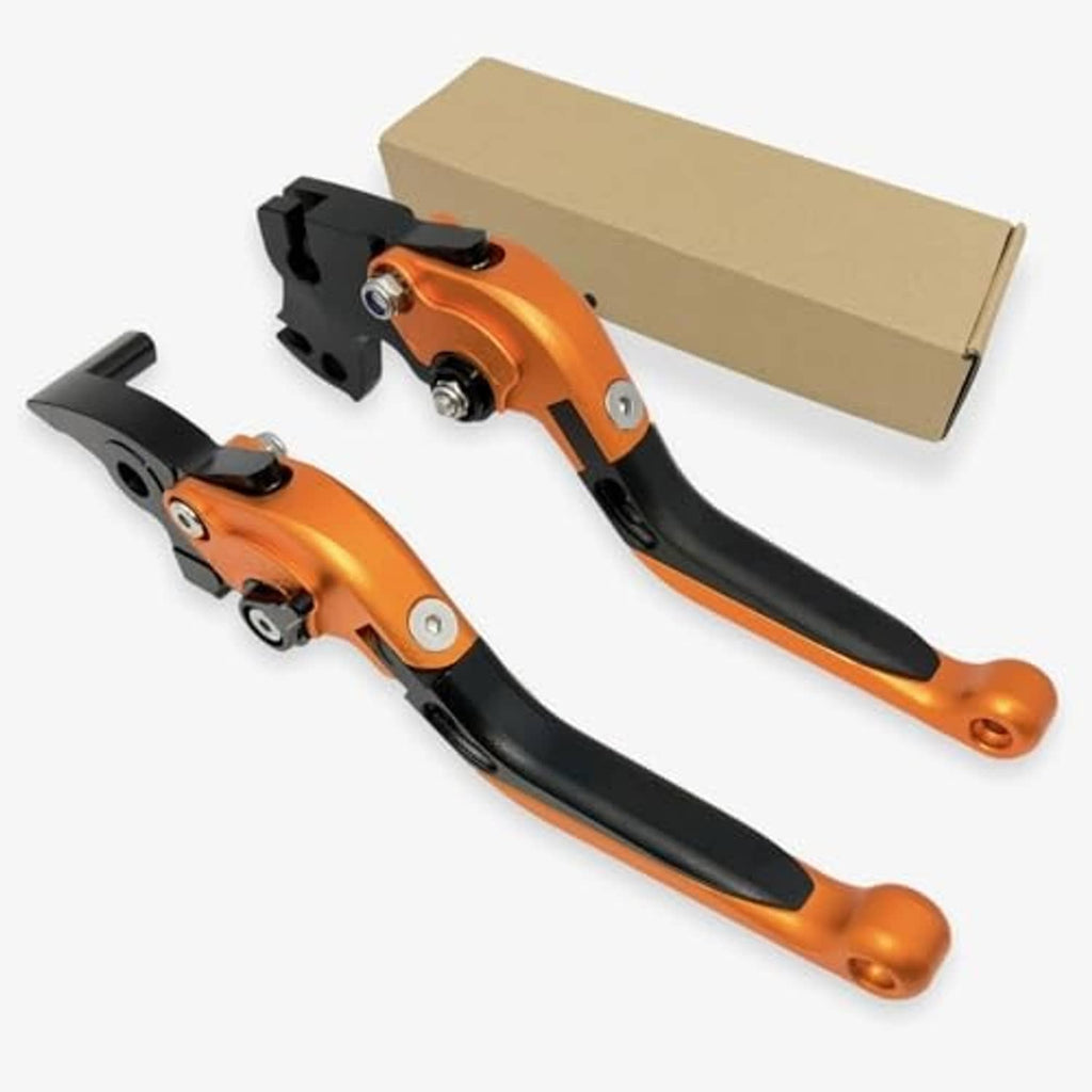 Orange and black motorcycle brake and clutch levers with mounting parts and box