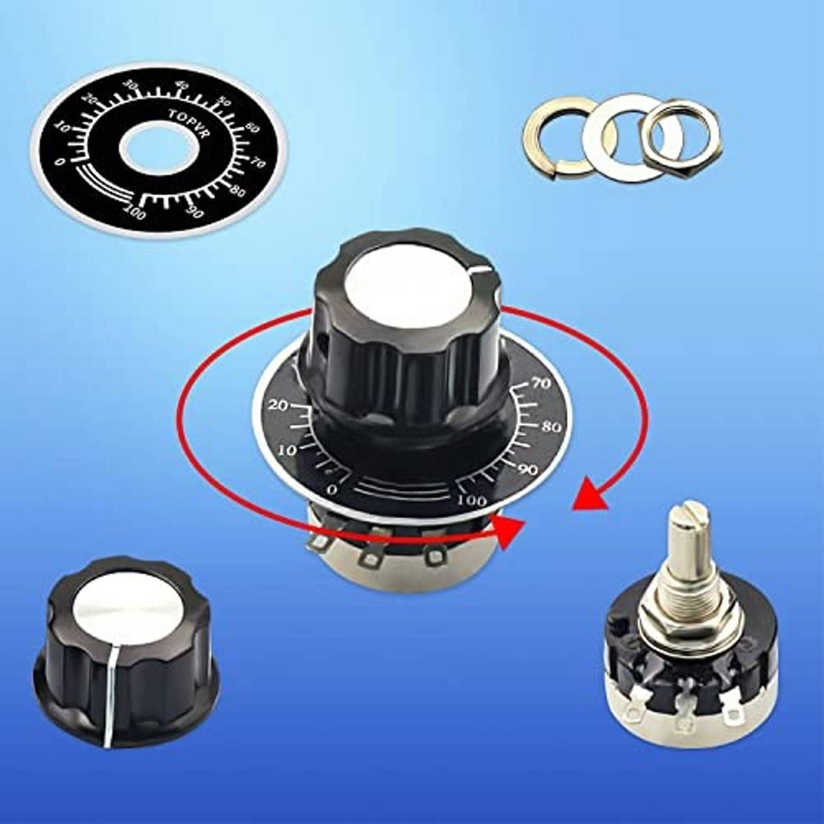 Rotary potentiometer with black knob over dial scale, plus included mounting hardware pieces.