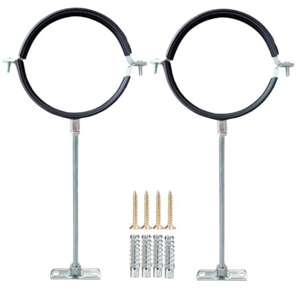 2-pack pipe hanger straps, black rubber-coated loops with galvanized mounting rods and plates