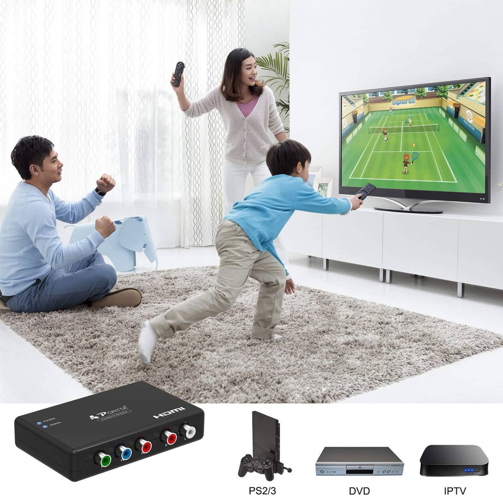 Black HDMI converter box with colored RCA component inputs and red/white audio ports