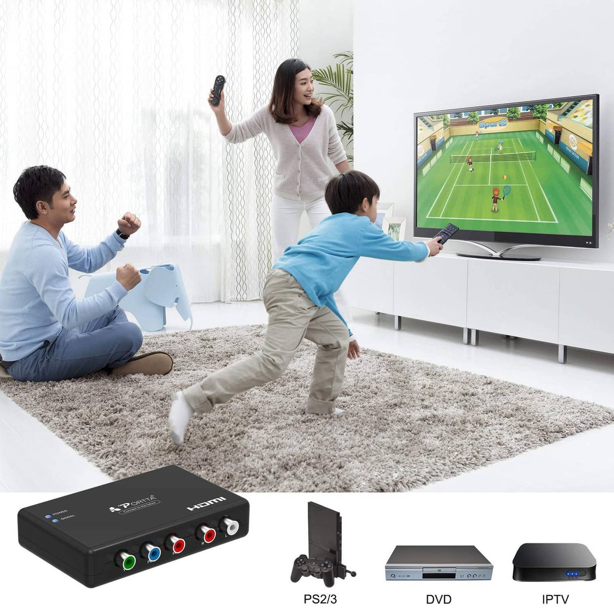 Black HDMI converter box with colored RCA component inputs and red/white audio ports