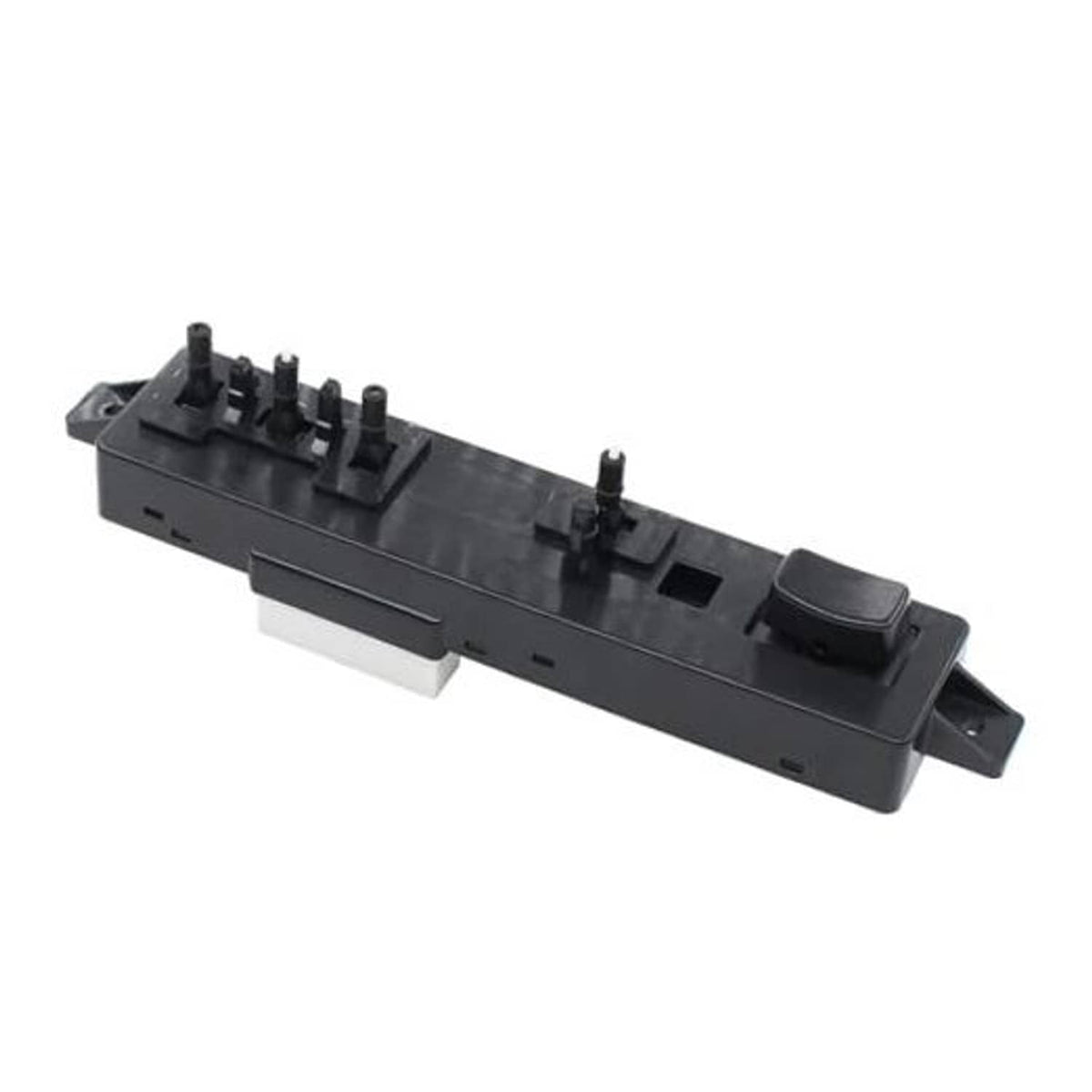 Black power seat switch module with raised button and multiple pin terminals