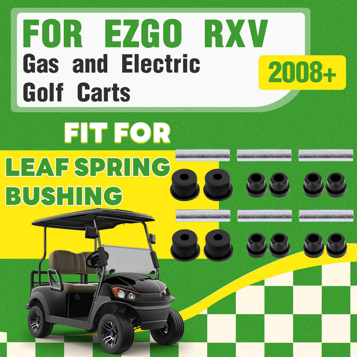 Leaf spring bushing kit shown with black bushings and silver steel sleeves