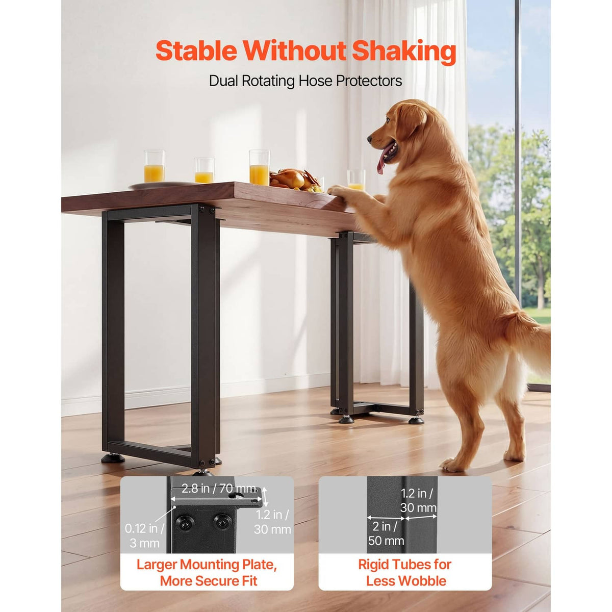 Black steel T-frame table legs with reinforced crossbar and rubber feet, set of 2