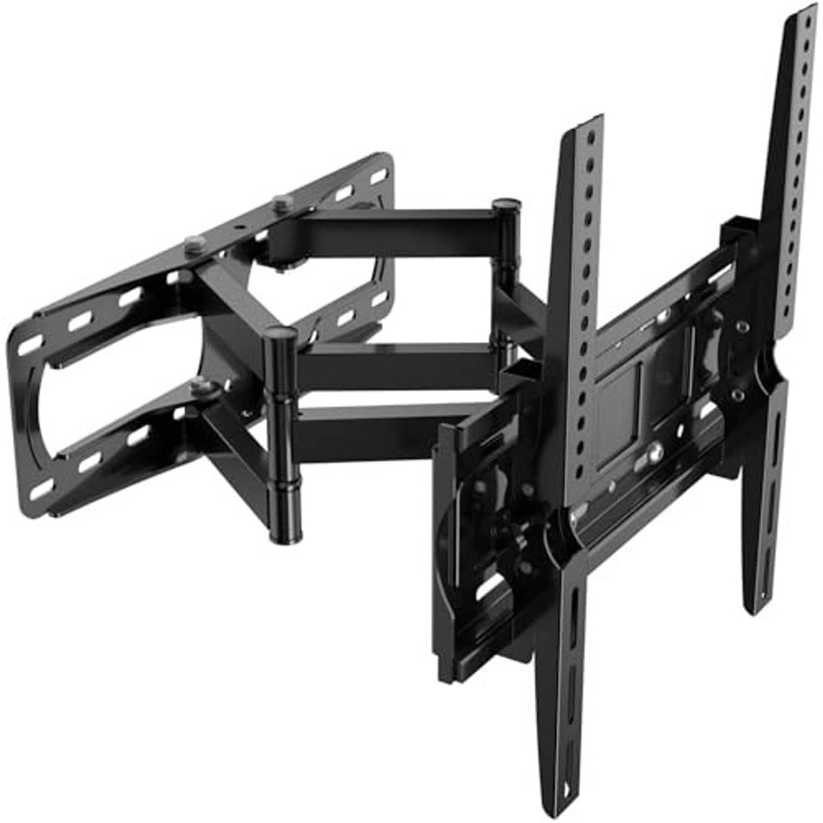 Black full-motion TV wall mount showing swivel brackets and extended metal support arms