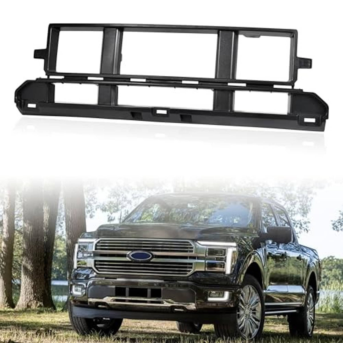 Black front bumper grille insert with rectangular openings and center emblem