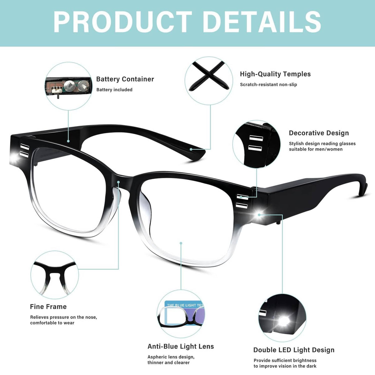 Black LED reading glasses with double LED light and anti-blue light lens