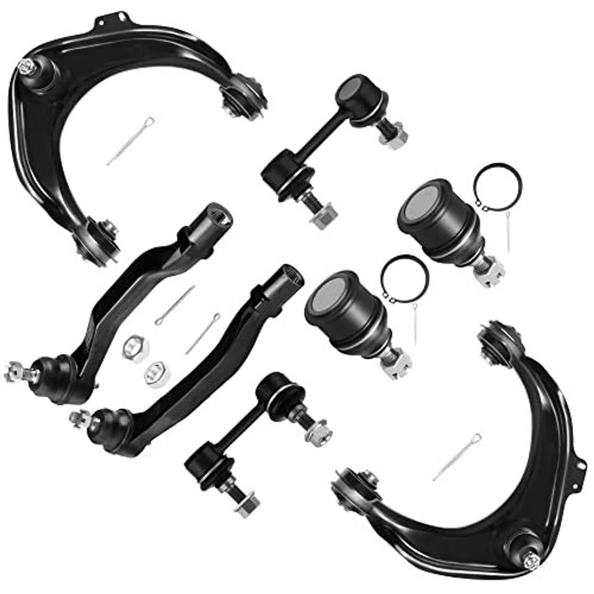 Black front suspension kit components: control arms, ball joints, and tie rod ends set