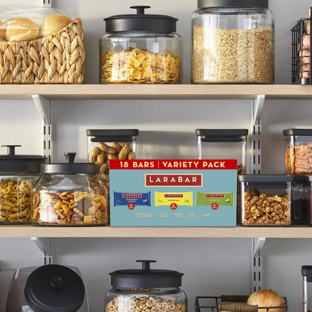 18-bar variety pack box in a pantry setting on a shelf