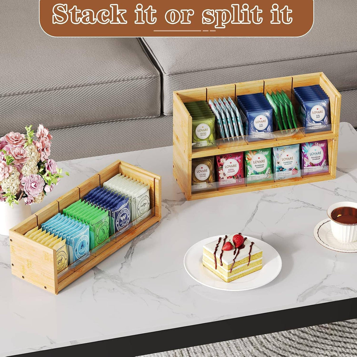 Bamboo tea bag organizer on counter with tea packets; another organizer beside it