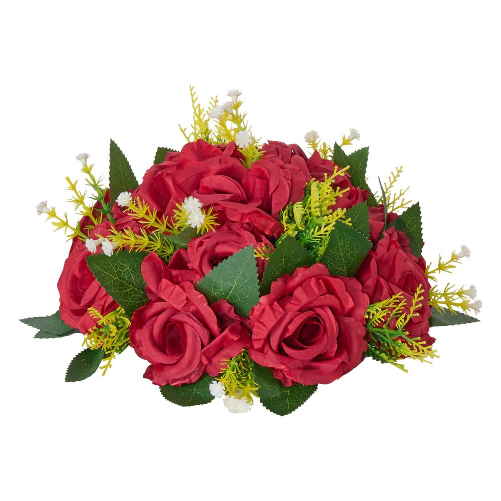 Red artificial flower ball close-up with rosette roses, green leaves, and yellow sprigs