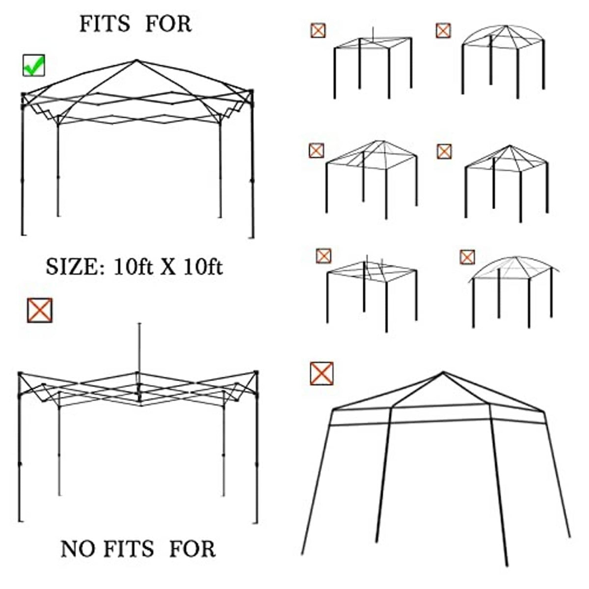 Canopy size fit guide diagram for 10 x 10 ft pop-up covers