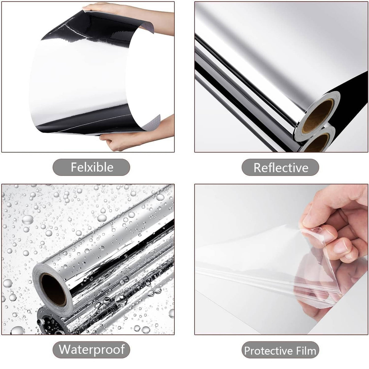 Silver reflective mirror sticker film roll and installation close-ups, protective layer