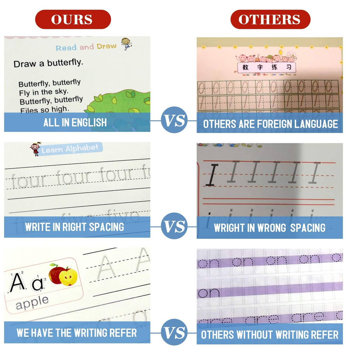 Kids' handwriting practice copybook comparison pages with letter and spacing guides