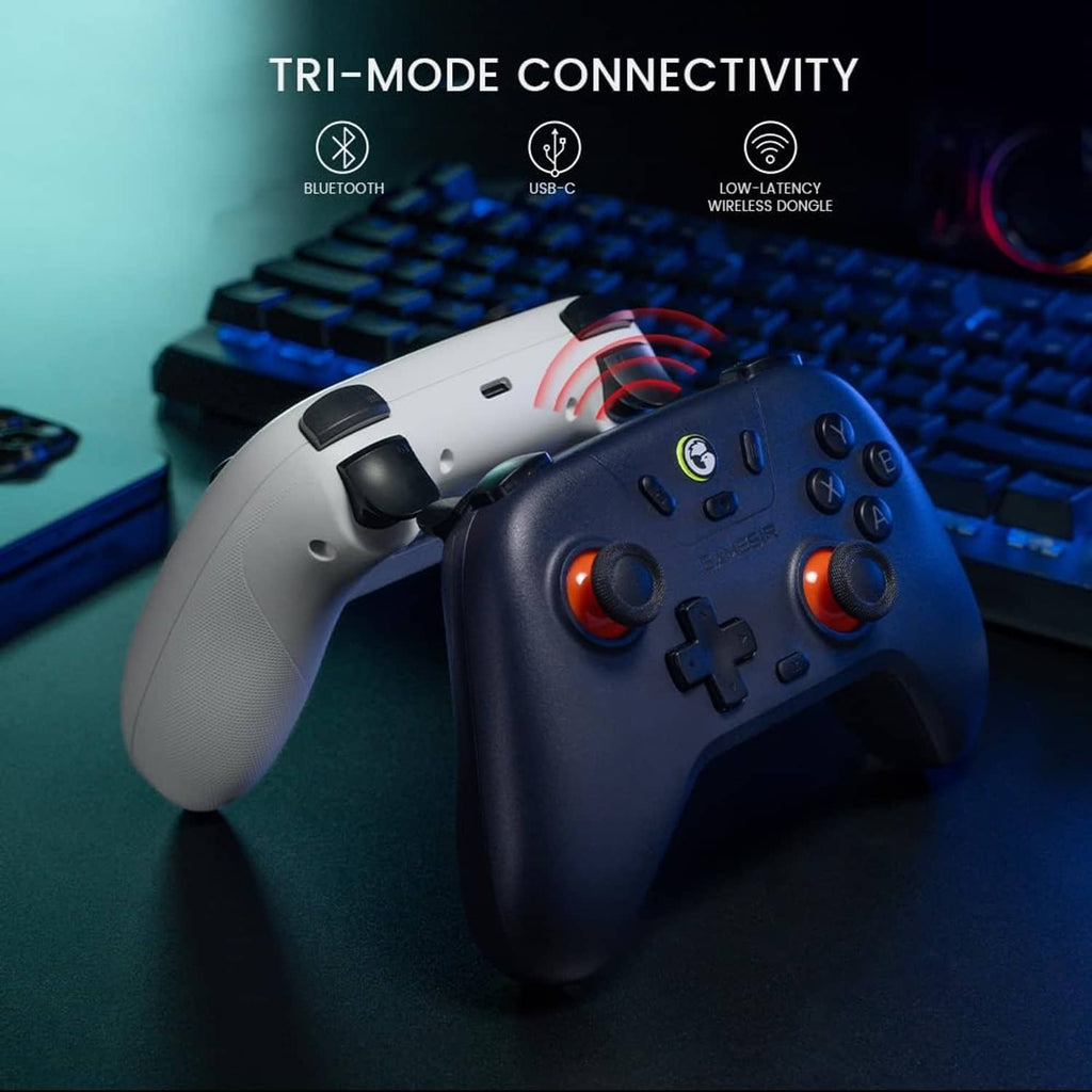 White wireless gamepad controller with orange trigger accents and back grip