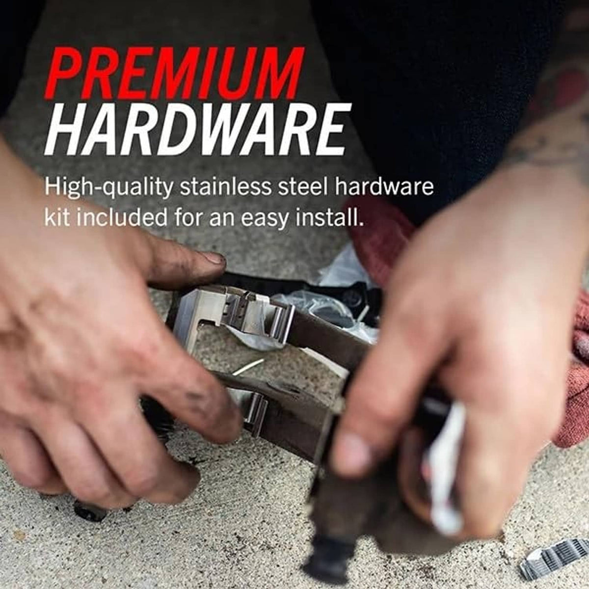 Premium stainless steel brake hardware kit components shown during installation