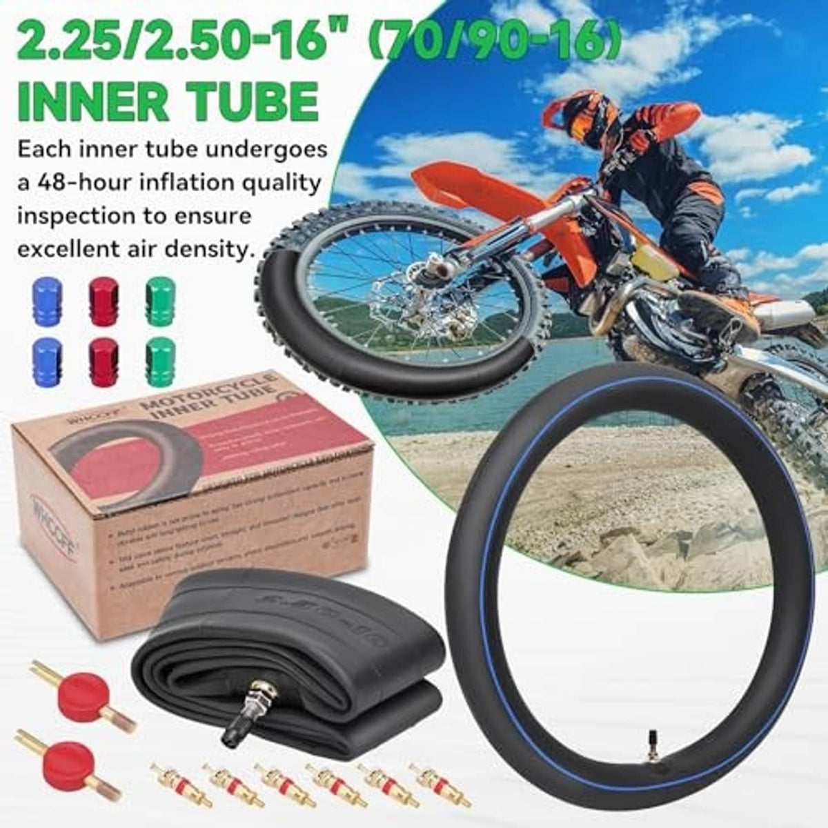 Set of black inner tube rolls, valve caps, and metal valve stems for 16 in