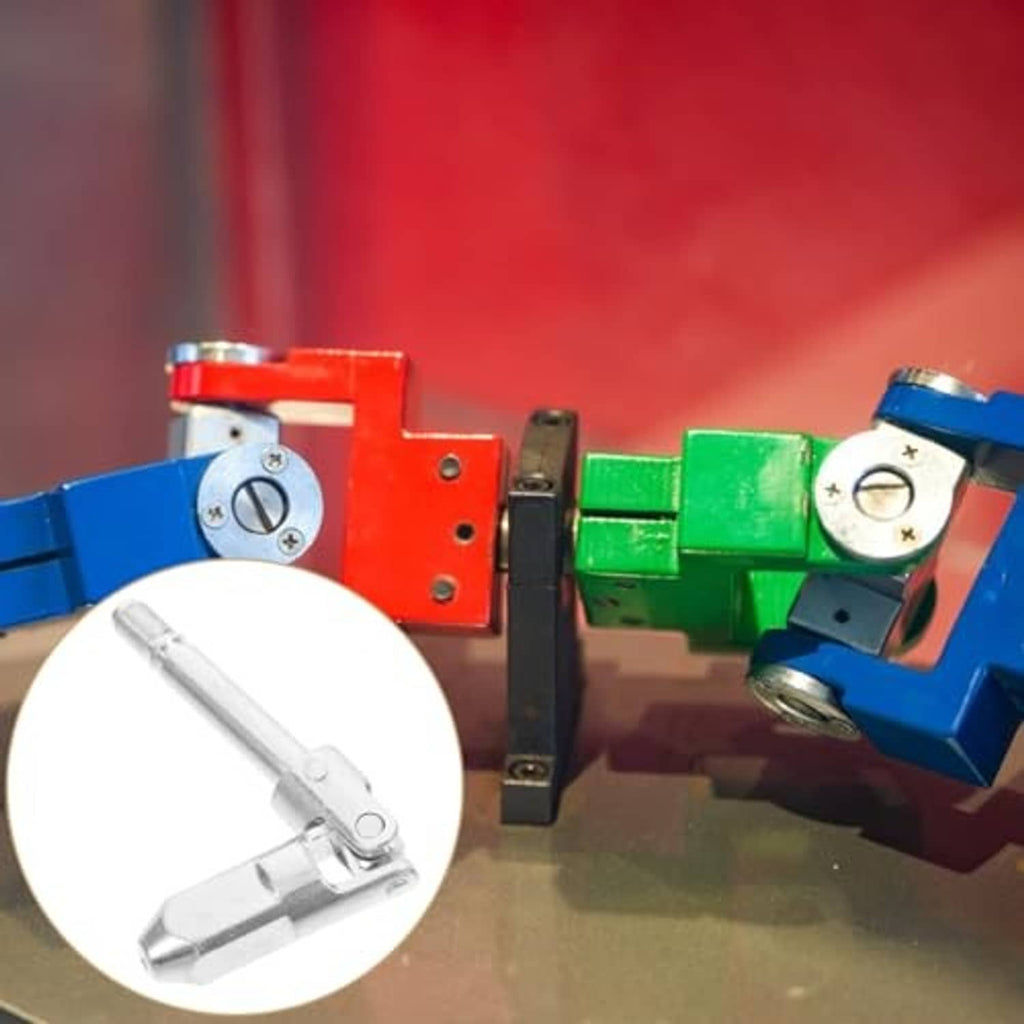 Steel trailer jack joint with silver hinged lever, shown with colored blocks