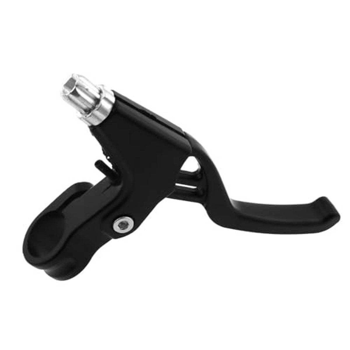 Black bicycle brake lever with extended curved grip and silver cable end