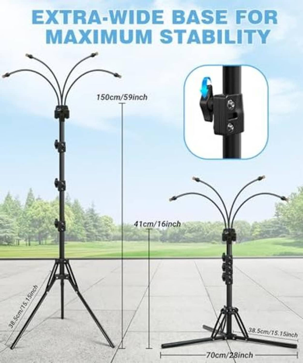 Outdoor mister stand with extra-wide base for maximum stability and tall spray pole