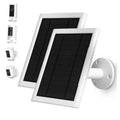 Two white solar panels with black photovoltaic cells and wall mount bracket