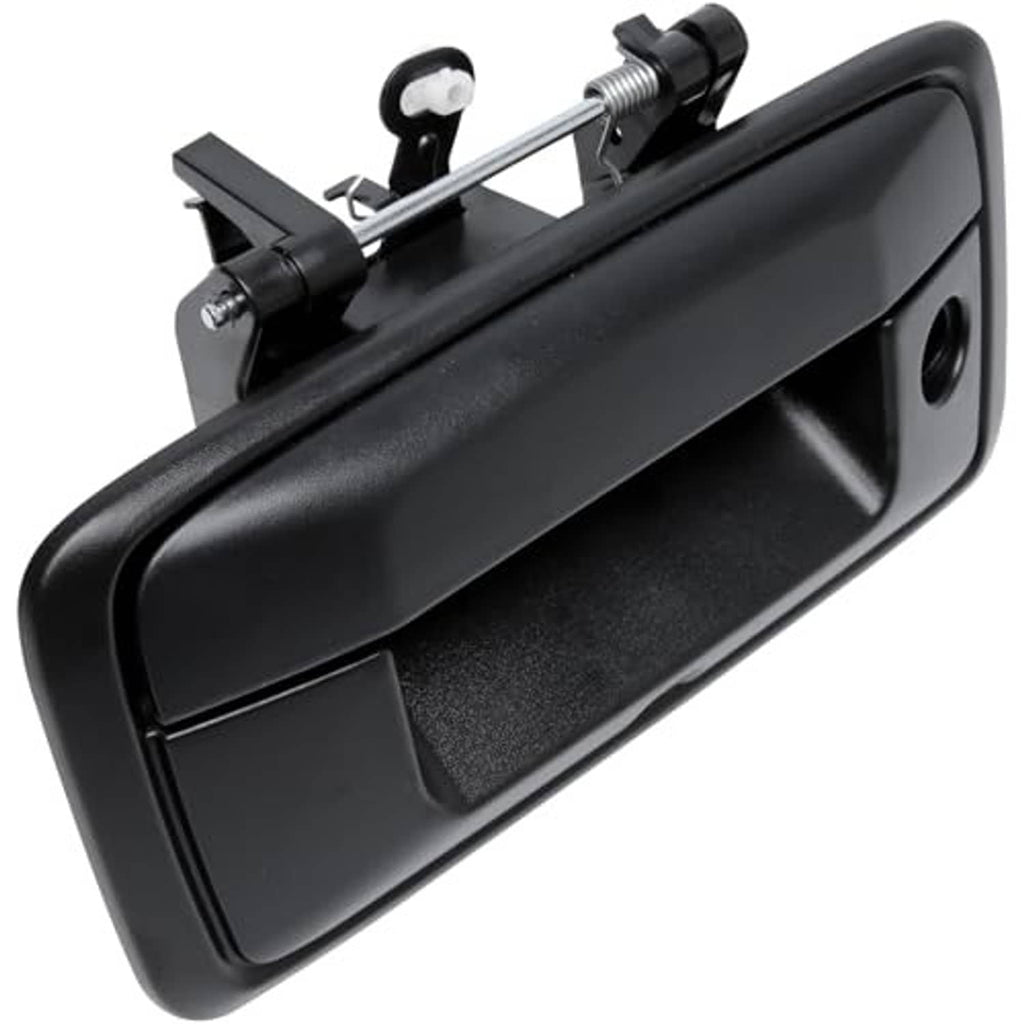 Black tailgate door handle with metal linkage and round backup camera hole