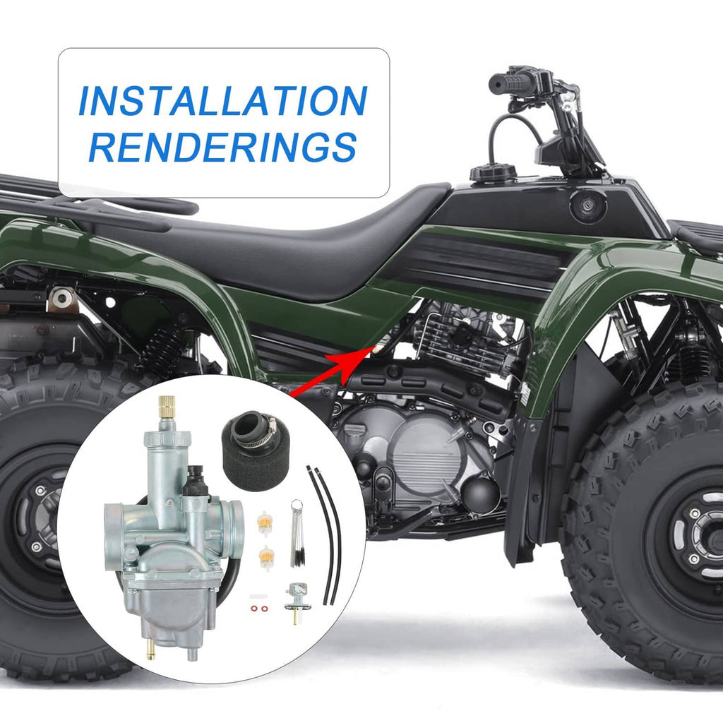 Carburetor kit shown on ATV engine with small accessory parts