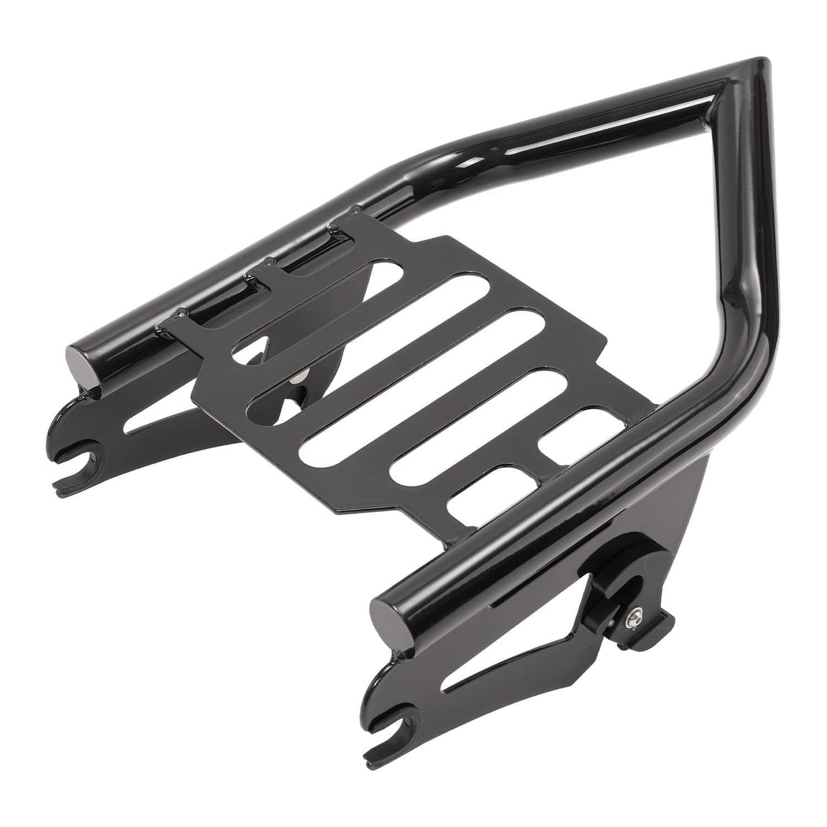 Black detachable luggage rack with slotted platform and hinged mounting arms
