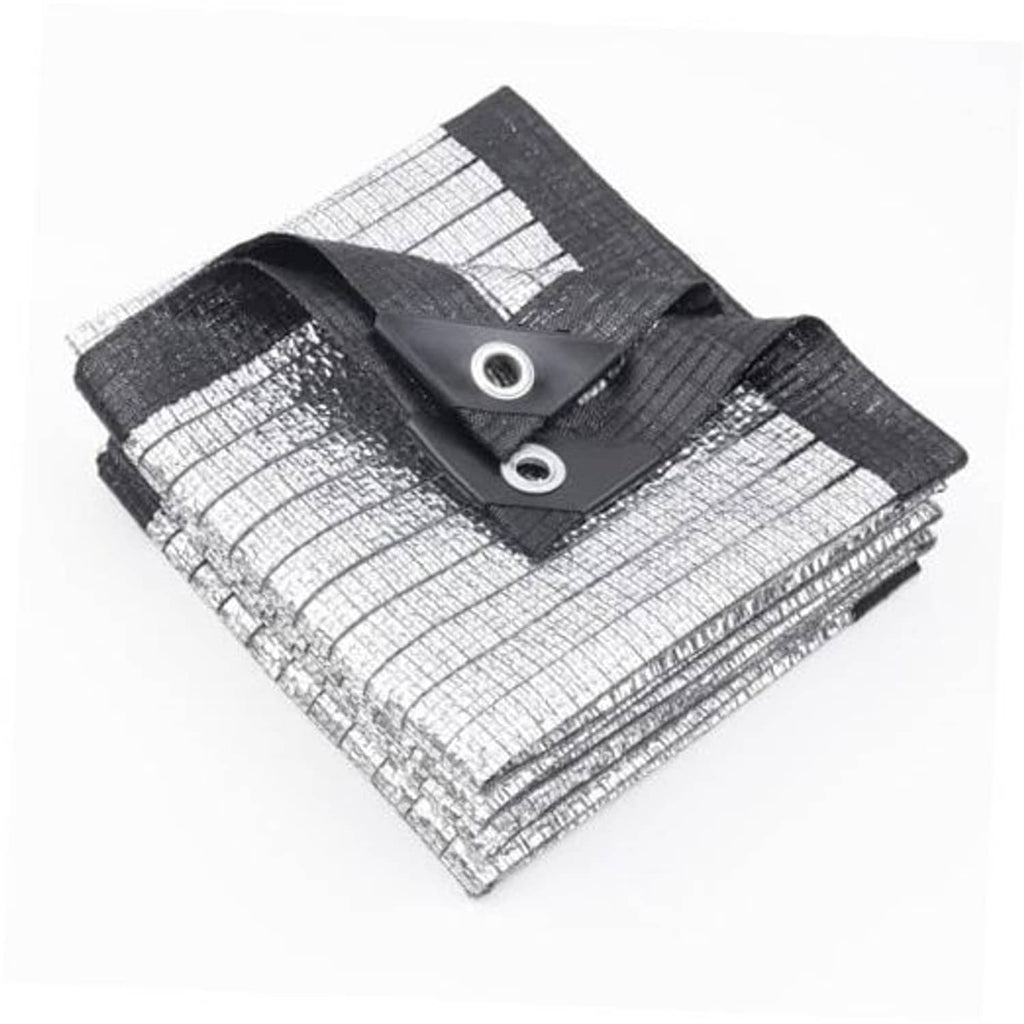 Silver shade tarp folded with black binding and two metal grommets