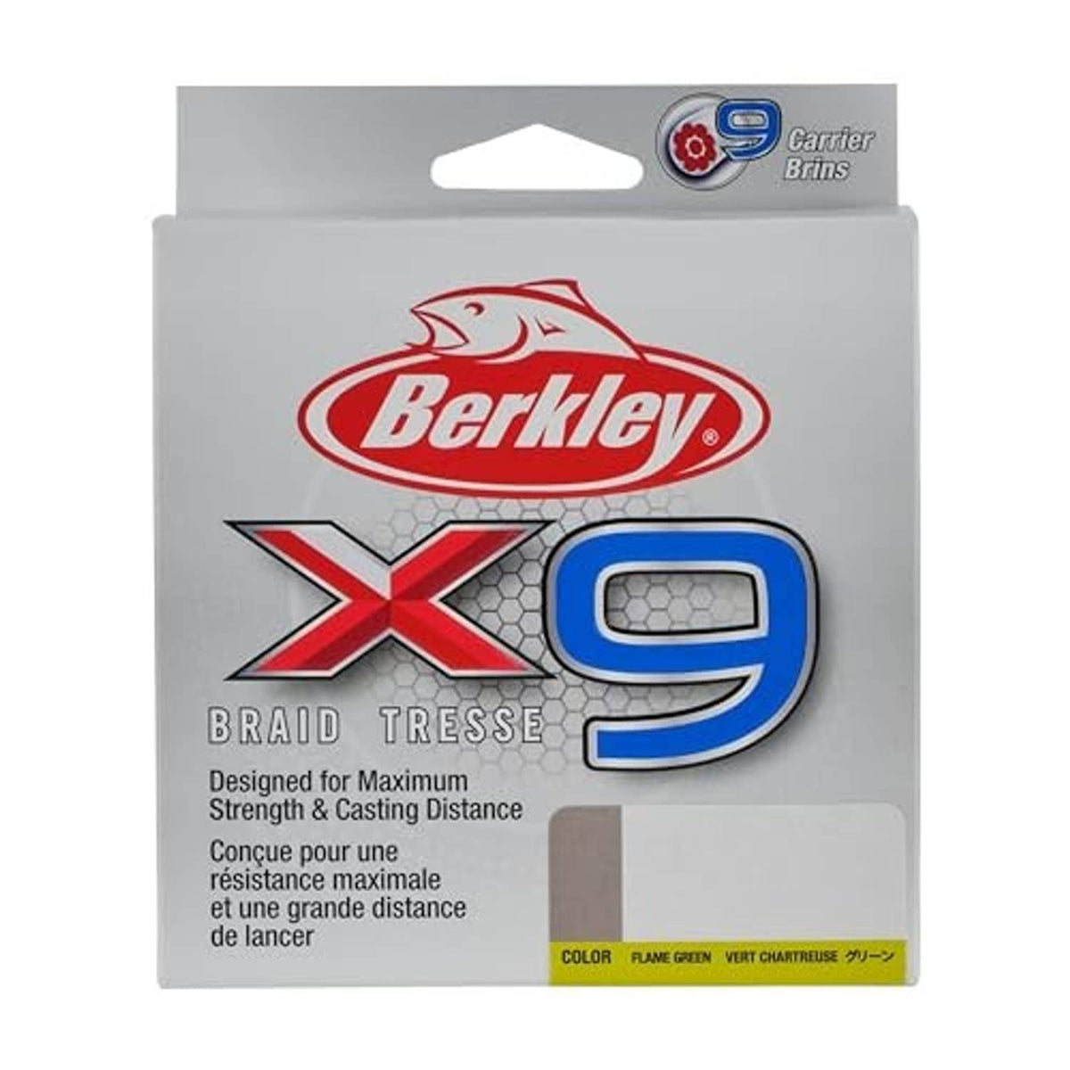 Berkley X9 braid fishing line package, flame green line, designed for maximum strength