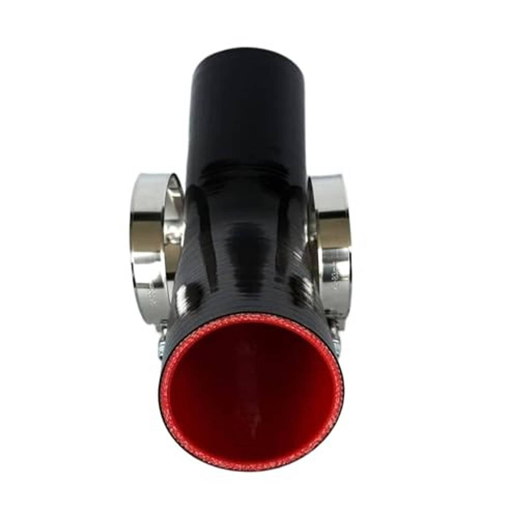 Black hose coupler front view with red inner opening and two metal clamp bands