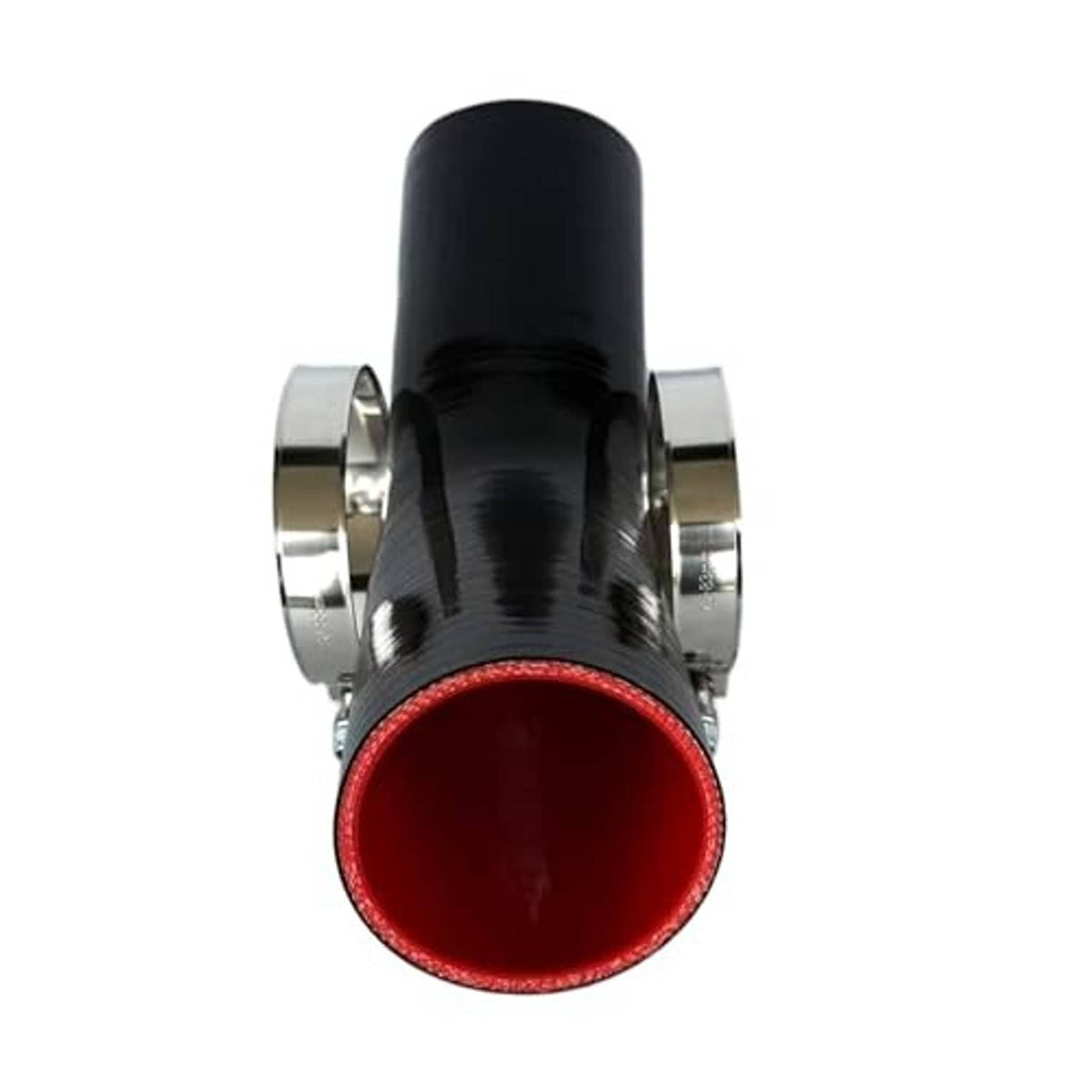 Black hose coupler front view with red inner opening and two metal clamp bands