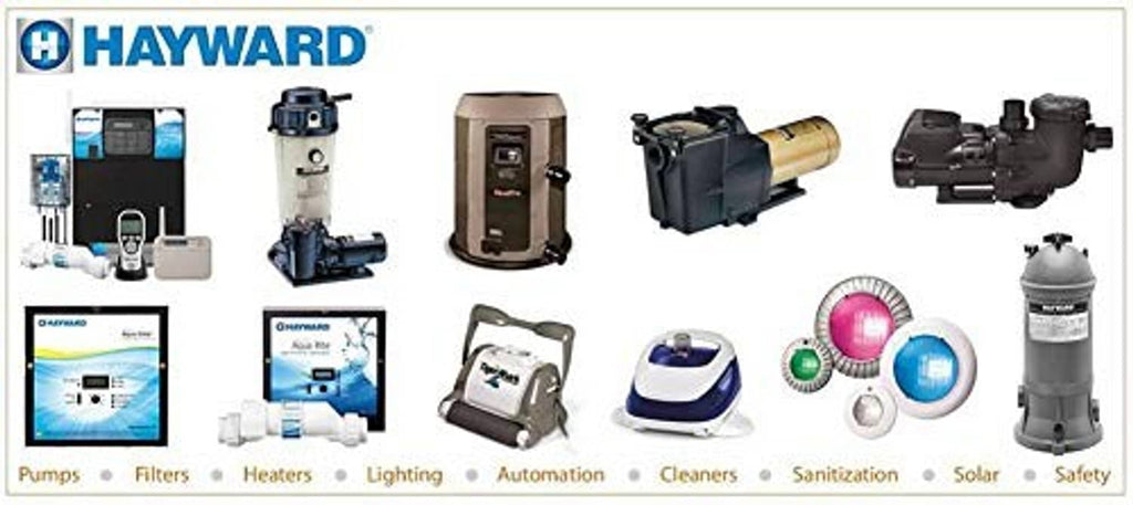 HAYWARD product lineup graphic showing pool cleaners, pumps, filters, and automation