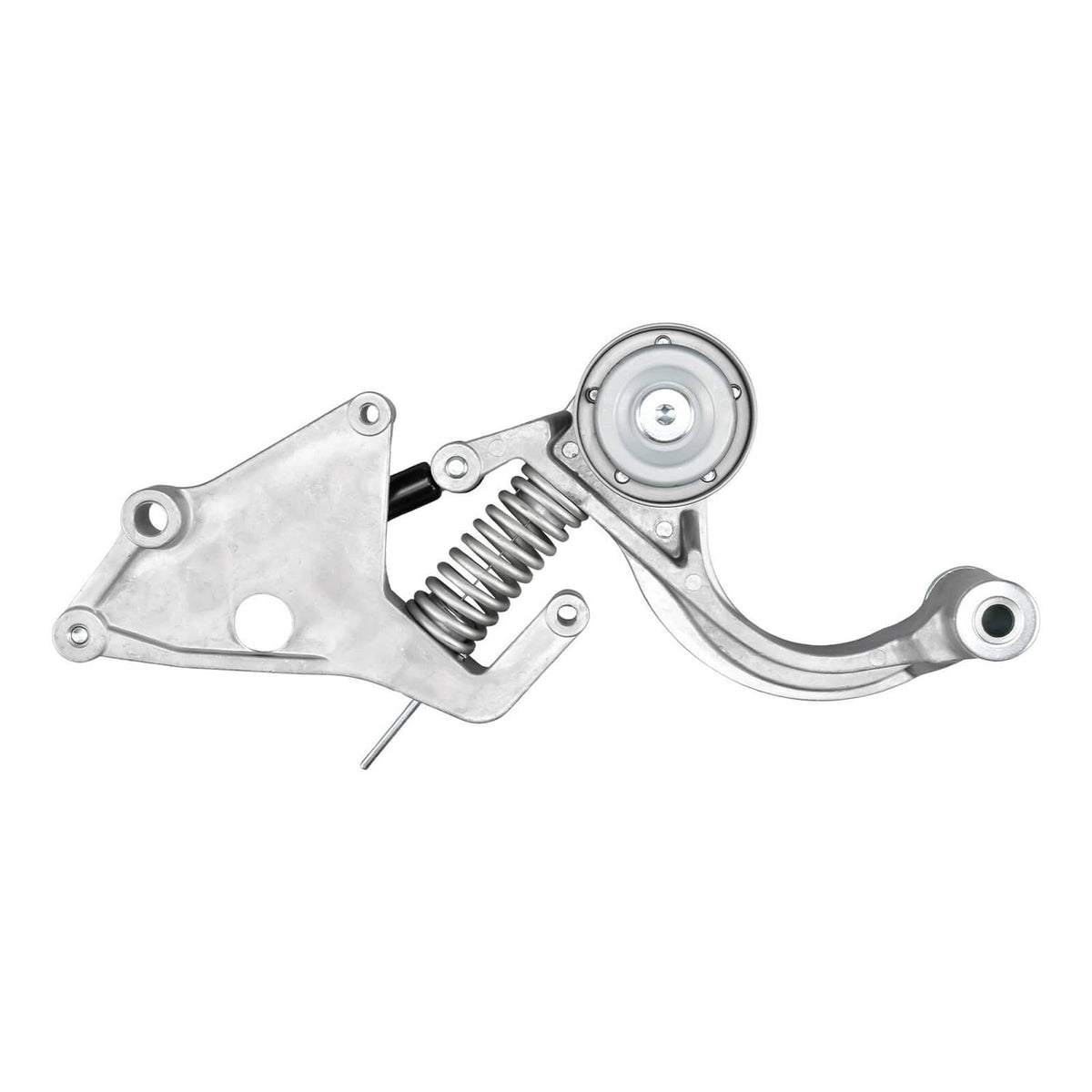 Belt tensioner assembly with pulley wheel, coil spring, and curved metal lever