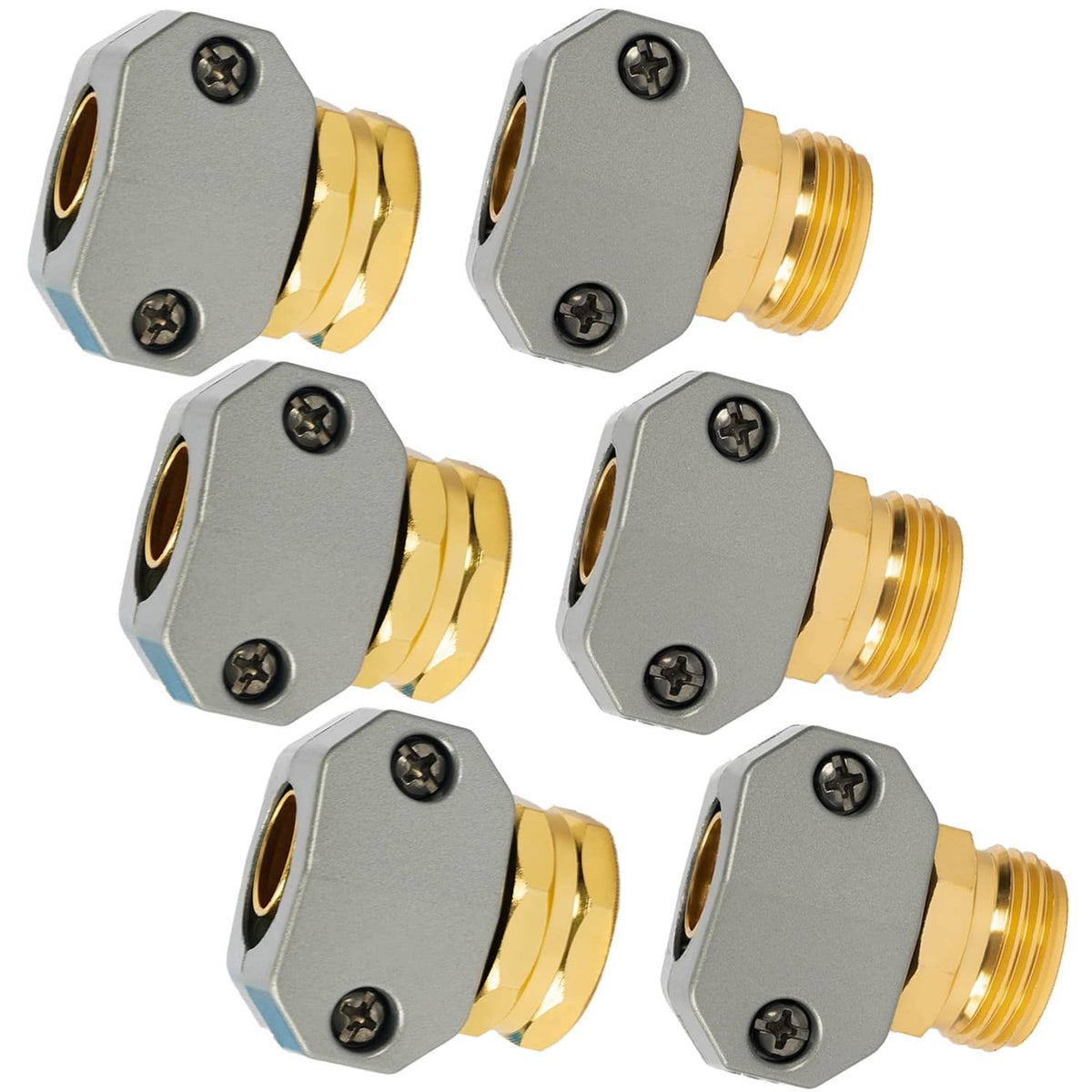 Garden hose repair kit couplings: gray hex plates with gold threaded ends and screws