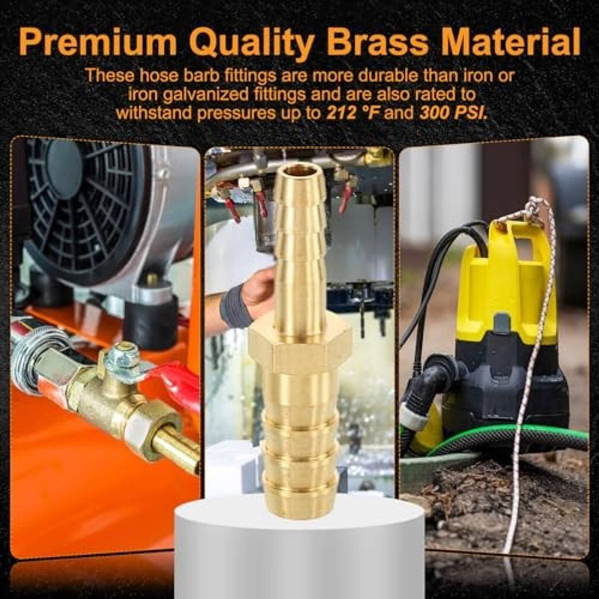 Brass hose barb fitting with barbed ends and hex connector for hose joining