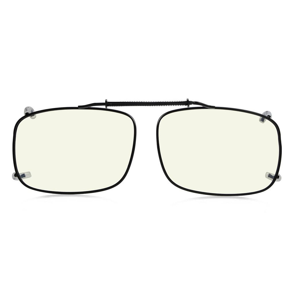 Clip-on blue light blocking glasses with black frame and pale tinted lenses