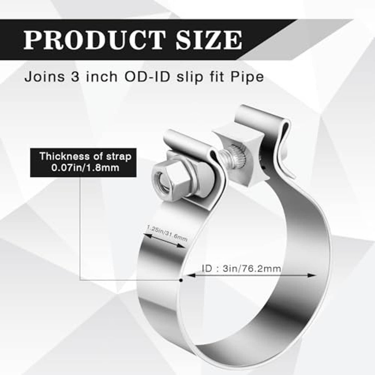 Close-up view of stainless muffler clamp band and tightening screw bolt